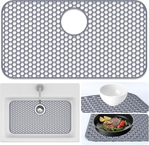 Sink Protectors Mat - 25.79"x13.98" Kitchen Sink Pad for Bottom of Basin for Protection of Stainless Steel and Tableware, Farmhouse Rubber Basin Mat Protector with Rear Drain - Light Gray