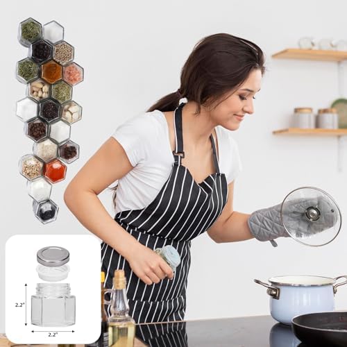 Set of 10 Magnetic Spice Jars for Refrigerator, Glass Small Hexagon Magnet Seasoning Containers with Labels, Shaker Lids, Fridge Magnetic Spice Rack Organizer with Jars