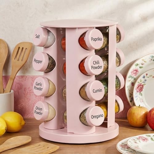 Pink Rotating Spice Rack with 16 Empty Jars and Labels