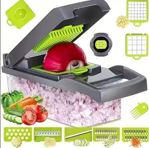 Veggie slicer 16 pieces (Gray, 1) 16 pieces hand operated vegetable slicer, veggie chopper, food chopper, onion cutter. - Image 6