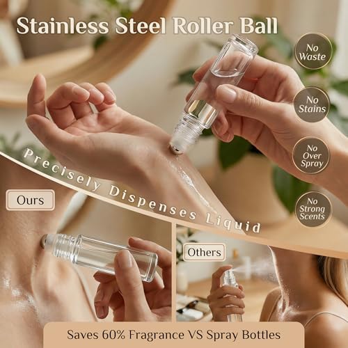 PrettyCare 24 Pack, 10 ml Essential Oil Roller Bottles with Stainless Steel Roller Ball - Refillable Leak-proof Empty Thick Clear Glass Roll on Bottles with Black Caps for Travel, Perfume - Image 5
