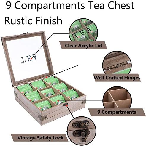 Tea Box Organizer, Rustic Tea Bag Storage with Clear Lid
