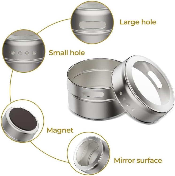Set of 8 Magnetic Spice Tins with 2 Metal Wall-Plates,120 Preprinted Seasoning Label Stickers,2 Styles for 3 oz Herb Jars