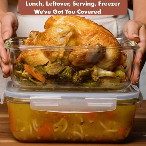 8 Cups/ 63 Oz 4 Piece (2 containers + 2 Lids) Large Glass Food Storage/ Baking Containers with Locking Lids. Ideal for Storing food, vegetables or fruits. BPA Free & Leak Proof -Microwave, Oven Safe