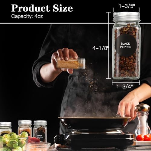 24pcs Glass Spice Jars, 4oz Empty Spice Jars with Metal Caps, Labels, Shaker Lids, Collapsible Funnel, Chalk Pen, Seasoning Organizer for Spice Rack