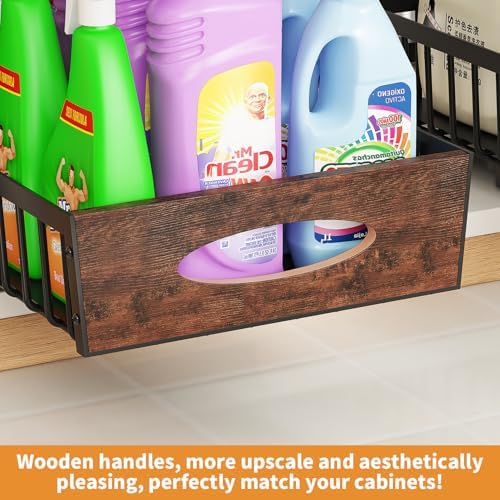 2-Tier Under Sink Organizer with Wooden Drawer Handle, 2 Pack Adjustable Height Pull Out Cabinet Organizer Shelf,Slide out Storage Drawer Rack for Kitchen Bathroom Laundry Room Pantry