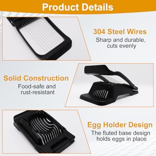 Egg Slicer for Hard Boiled Eggs, Food Slicer with 10 Stainless Steel Wires, Aluminum Alloy Heavy Duty Hard Boiled Egg Cutter for Soft Fruit Strawberry Butter Kiwi Home Use (1Pcs, Black) - Image 3