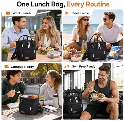 Lunch Box & Lunch Bag for Men & Women, Expandable Double-deck Expandable Large Insulated Cooler Lunch Bag with Shoulder Strap, Leakproof Durable Adult Lunch Box for Work, Picnic, 16L, Black