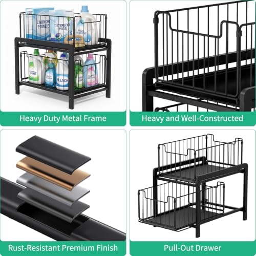 2 Tier Black Under Sink Organzier With Sliding Drawer