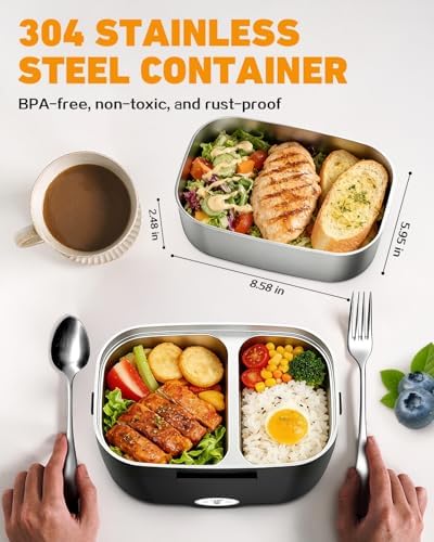 80W Electric Lunch Box Food Warmer for Car/Truck/Office, 110V/24V/12V Portable Heated Lunch Box for Adults, Dual 1.5L Stainless Steel Containers, Leak-Proof & Fast Heating, 3-in-1 Design