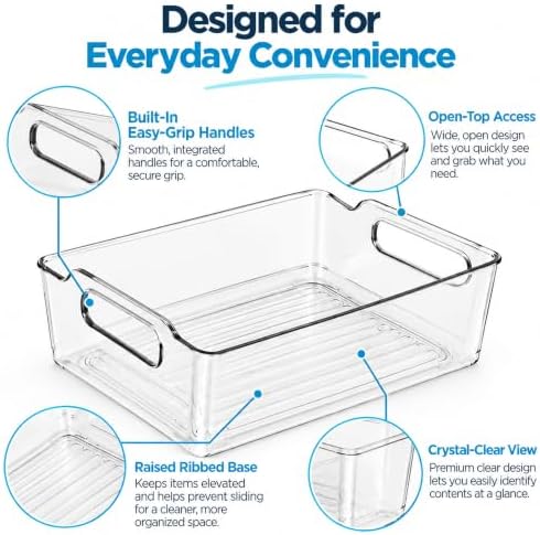 6 Pack Clear Plastic Storage Bins with Handles, Pantry Organizer Box