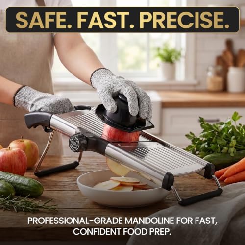SAFI Mandoline Slicer for Kitchen, Adjustable 3-9mm Stainless Steel Vegetable Slicer with Julienne Blade, Non-Slip Base, Safety Hand Guard, Cut-Resistant Gloves & Brush – Potato, Onion & Fruit Cutter.