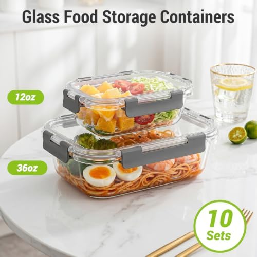 10 Sets 36 oz & 12 oz Glass Food Storage Containers with lids, Gray