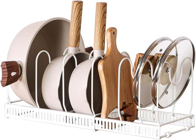 Expandable Pots and Pans Organizer Rack, Pot Lids Cutting Boards Kitchen Cabinet Organizer with 7 Adjustable Compartments, Cookware Bakeware Rack for Kitchen Cabinet Countertop Storage(White)