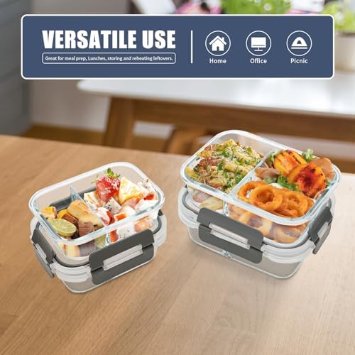 Glass Meal Prep Containers with Lids, 2 & 3 Compartment Lunch Containers