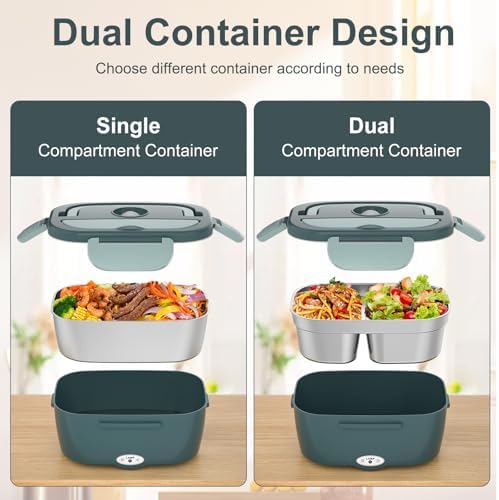 Electric Lunch Box Food Heater, Upgrade 100W High Power Portable Food Warmer, Heated Lunch Box for Adults Car/Home with 2 Removable Stainless Steel Container, 12V/24V/110V/220V