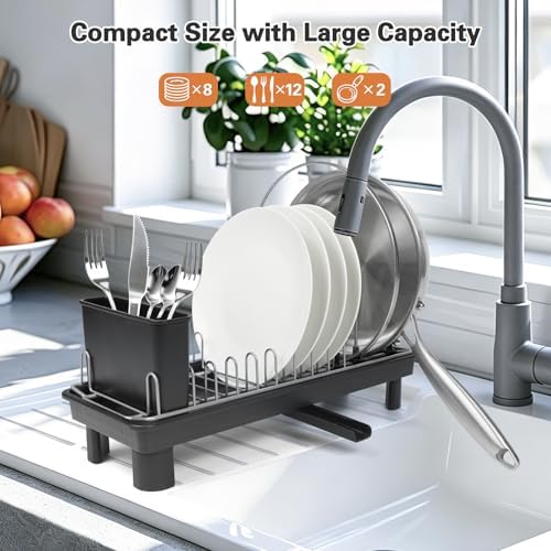 Small Dish Drying Rack for Countertop with Drain Tray & Utensil Holder