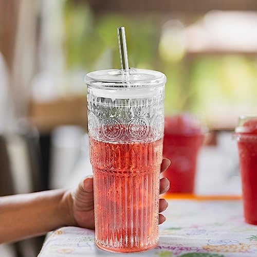 All Glass Iced Coffee Cup With Lids and Straws，24 OZ High Borosilicate Glass Tumbler for Water Smoothie Juice Drinks