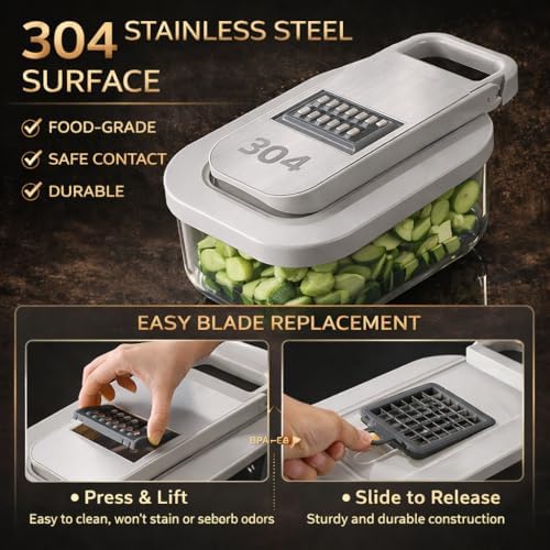 All-in-One Food Chopper & Mandoline Slicer, 9-in-1 Vegetable Chopper with Interchangeable Stainless Steel Blades, BPA-Free Manual Onion Dicer, Julienne & Grater with Container - Image 2