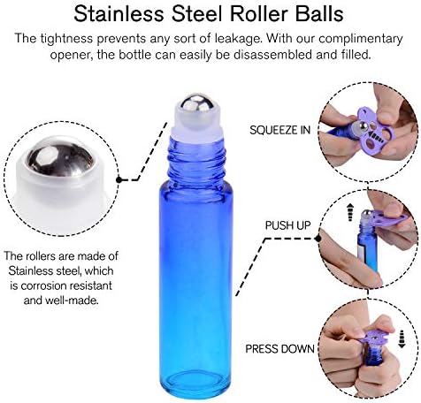 PrettyCare 24 Pack, 10 ml Essential Oil Roller Bottles with Stainless Steel Roller Ball - Refillable Leak-proof Empty Thick Rainbow Glass Roll on Bottles with Metal Caps for Travel, Perfume - Image 3