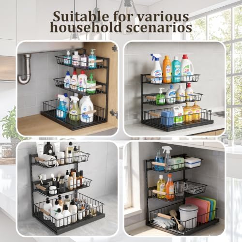 3 Tier Under Sink Organizer, Adjustable Pull Out Metal Storage Drawer