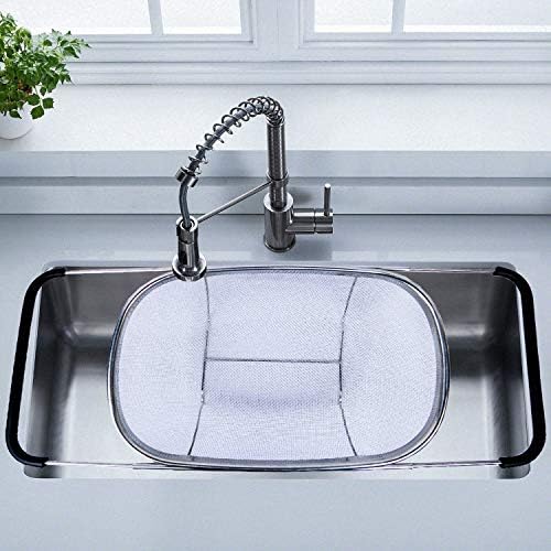 Over the Sink Colander with Expandable Rubber Grip Handles - Fine Mesh Oval Strainer in Stainless Steel -Drain, Rinse Fruits and Vegetables