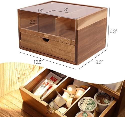 Acacia Wood Tea Organizer 2 Tier with Drawer,Large Capacity