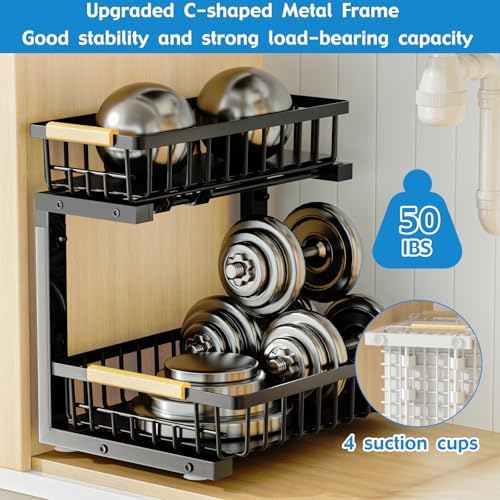 2Pcs Under Sink Organizer, 2-Tier Pull Out Under Sink Organizers and Storage, Adjustable Metal Under Cabinet Organizer Shelf, Bathroom Organizer, Sliding Out Drawer for Kitchen Pantry Black