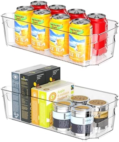 Clear Fridge Organizer, Refrigerator Organizer Bins with Handle, Freezer, Kitchen Cabinet, Pantry Organization, BPA Free Fridge Organizers (12.4 inch 2 Pack)
