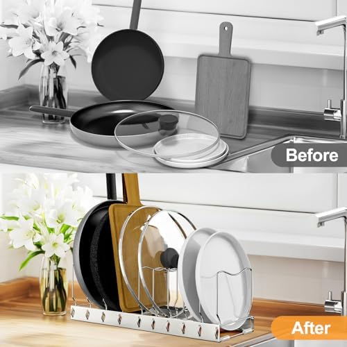 2 Pack 10-Tier Pan Organizer Adjustable Lid Organizer Kitchen Organizers and Pan Organizer and Storage Pot Heavy Duty Pot Lid Organizer for Kitchen Under Sink Storage Drawer