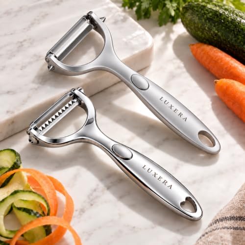 LUXERA Vegetable Peeler Set, 2 Pack Stainless Steel Peelers, Fine Serrated Peeler & 2-in-1 Reversible Julienne Peeler for Potato, Carrot, Apple & More.