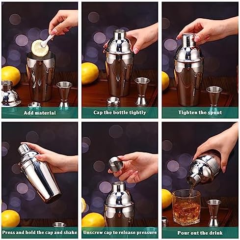 Cocktail Shaker Set Martini Shaker Bulk Stainless Steel Martini Mixer with Strainer and Double Measuring Jigger for Bar Party Home Use Wine Bar (4 Packs)