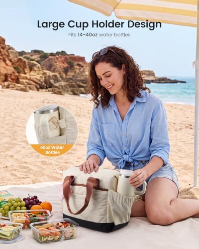 Insulated Lunch Bag Women, Adult Lunch Box for Women Work, Large Leakproof Cooler lunch Bags for Picnic Beach Family College, Lunch Teacher Tote Bag with Adjustable Shoulder Strap Cup Holder
