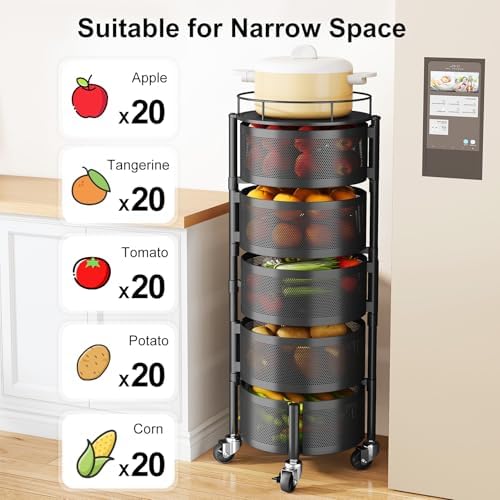 5 Tier Fruit Vegetable Basket Stand for Kitchen, Rotating, Black