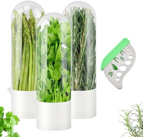 3Pcs Refrigerator Herb Keeper Containers,Herb Saver Jars with Herb Stripper