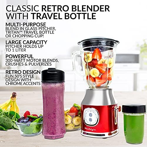 Classic Retro Electric Pulse Blender, 1 Liter Glass Pitcher, Includes Tritan Personal Travel Bottle With Lid And Storage Container, High Power 300 Watts Crushes And Pulverizes Ice Cubes - Image 2