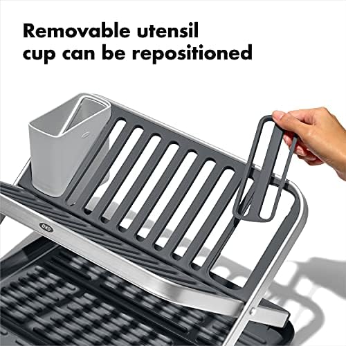 OXO Good Grips Aluminum Fold Flat Dish Drying Rack, 2-Tier, with Drainboard
