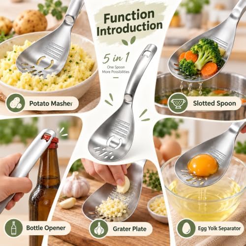 2Pcs 5 in 1 Multifunction Cooking Spoon,304 Stainless Steel Egg Slotted spoon,Kicthen Cooking Tools for Separate egg whites, grind ginger plate, mash potatoes, strain foods and open bottle caps