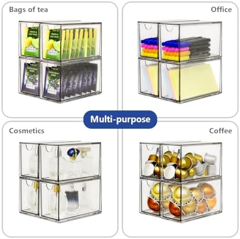 4 Pack Tea Bag Drawers Organizer, Clear Plastic Stackable Tea Organizers and Storage, Portable Tea Bag Holder 6.5" x 4" x 3" for Kitchen Pantry Organizer