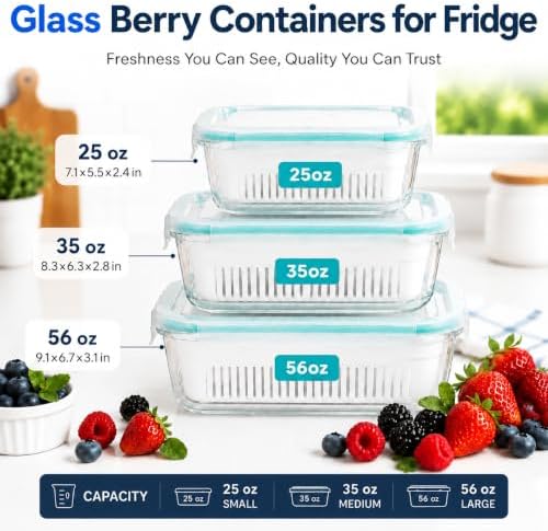 Glass Berry Container for Fridge, 3 Pack, 56oz 35oz 25oz, with Removable Colander and Vent Valve, Fresh Produce Storage Set