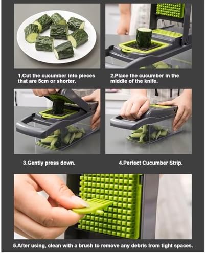 Vegetable Chopper and Slicer, 15-in-1 Manual Food Dicer with Container, Stainless Steel Blades, Gray and Green - Image 5
