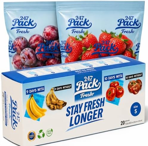 Freshpack 247 Reusable Produce Bags Size S 8 x 10 in, 0.5 Gallon Half Gallon 20 Pack Green Bags for Fruits and Vegetables, Food Storage Bags With Zipper, Helps Keep Produce Fresh, Pantry Meal Prep