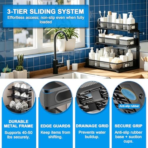 Under Sink Organizer,3-Tier Thickened Metal Pull out Cabinet OrganizerShelf