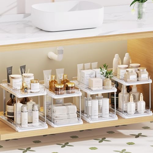 2-Tier Bathroom Under Sink Organizers and Storage, Pull Out Cabinet Drawers with Anti-Slip Design, Multi-Purpose Storage for Kitchen, Pantry, Bathroom & Home Organization, White, 4 Pack