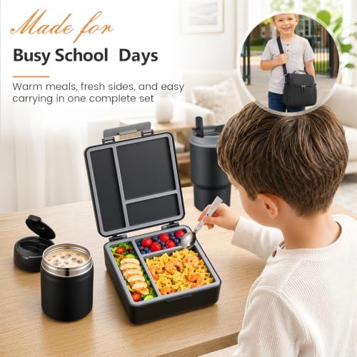 Lunch Box Set with Bento Box Container, 17OZ Stainless Steel Food Soup Thermo, Kids Water Bottle & Portable Insulated Lunch Bag – Leakproof, Hot/Cold Retention for School, Travel (Black)