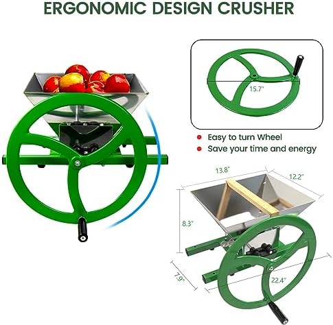 Fruit and Apple Crusher – 7L Stainless Steel Manual Grinder with Large Flywheel Handle, Easy-to-Use Fruit Pulper for Juice, Wine, and Cider Pressing