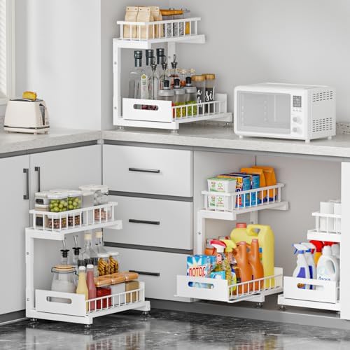 2-Pack L-Shaped Under Sink Organizer, 2-Tier Pull-out Cabinet Rack