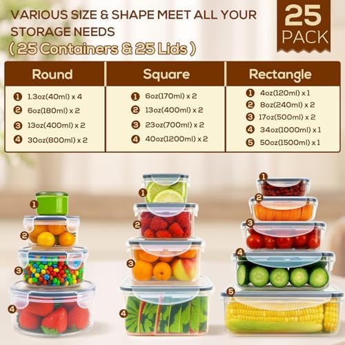 50PCS Thick Food Storage Containers with Airtight Lids for Meal Prep