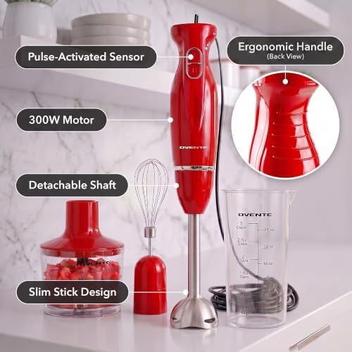 Electric Hand Blender Set with 2 Mixing Speeds, Red HS565R