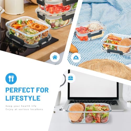 2 & 3 Compartments Glass Meal Prep Containers, Leak-Proof, Grey